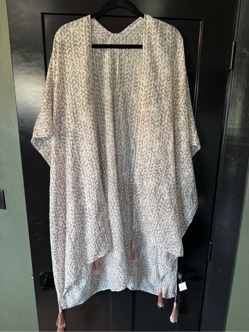 Lightweight Leaf Print Kimono with Tassels - Cream & Taupe